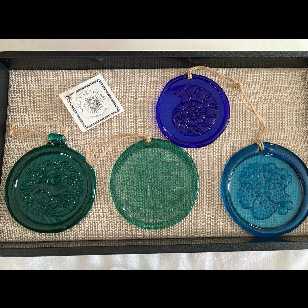 Deleting 8/1/22 Four Glass Window Light Catchers Ornaments Art Blues Greens